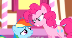 Size: 1152x609 | Tagged: safe, derpibooru import, screencap, pinkie pie, rainbow dash, earth pony, pegasus, pony, pinkie pride, meme, youtube caption