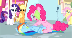 Size: 1153x609 | Tagged: safe, derpibooru import, screencap, applejack, fluttershy, pinkie pie, rainbow dash, rarity, earth pony, pegasus, pony, unicorn, pinkie pride, meme, youtube caption