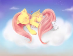 Size: 2436x1864 | Tagged: safe, artist:the-raincloud, angel bunny, fluttershy, pegasus, pony, cloud, cloudy, sleeping