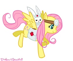 Size: 862x720 | Tagged: safe, artist:dishface, angel bunny, fluttershy, pegasus, pony, clothes, costume, doctor, first aid, head mirror, nurse, riding