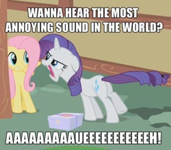 Size: 720x634 | Tagged: safe, edit, edited screencap, screencap, fluttershy, rarity, pegasus, pony, unicorn, party of one, caption, dumb and dumber, image macro, most annoying sound in the world, package