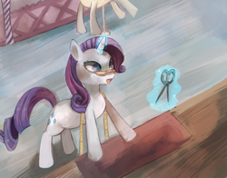 Size: 1024x804 | Tagged: dead source, safe, artist:cherivinca, rarity, pony, unicorn, fabric, glasses, magic, scissors, solo, working