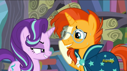 Size: 1280x720 | Tagged: safe, edit, screencap, starlight glimmer, sunburst, pony, unicorn, the crystalling, discovery family logo, eye contact, fake smile, grin, nervous, smiling, sweat, wide eyes