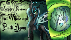 Size: 1024x576 | Tagged: safe, artist:animechristy, queen chrysalis, oc, oc:sapphire heart song, changeling, changeling queen, pegasus, pony, every little thing she does, ppov, to where and back again, border, cocoon, female, review, text, title card