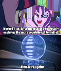 Size: 1171x1360 | Tagged: safe, edit, edited screencap, screencap, starlight glimmer, twilight sparkle, twilight sparkle (alicorn), alicorn, pony, unicorn, no second prances, bad joke, caption, edi, image macro, joke, mass effect, meme, text