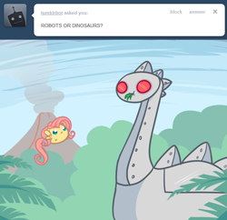 Size: 642x621 | Tagged: safe, artist:pekou, fluttershy, dinosaur, pegasus, pony, robot, ask my little chubbies, mlcblob