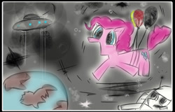 Size: 737x473 | Tagged: safe, artist:kingflurry, pinkie pie, earth pony, pony, balloon, floating, planet, then watch her balloons lift her up to the sky, ufo