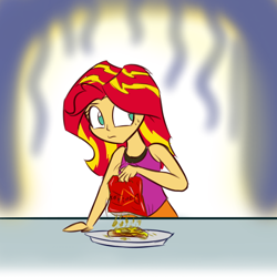 Size: 600x600 | Tagged: safe, artist:heir-of-rick, sunset shimmer, equestria girls, clothes, doritos, frown, hay, homesick shimmer, solo, sunset wants her old digestive system back, tanktop, wide eyes