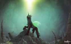 Size: 1833x1127 | Tagged: safe, artist:balade, queen chrysalis, changeling, changeling queen, cave, raised hoof, solo