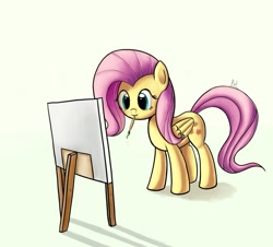 Size: 1165x1055 | Tagged: safe, artist:pokin, fluttershy, pegasus, pony, easel, female, mare, pink mane, yellow coat