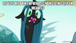 Size: 800x450 | Tagged: safe, edit, edited screencap, screencap, queen chrysalis, changeling, changeling queen, to where and back again, adventure time, caption, fangs, female, former queen chrysalis, image macro, meme, solo