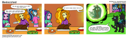 Size: 2608x772 | Tagged: safe, artist:goddessgoodra, artist:tenebrisdawnmlp, adagio dazzle, aria blaze, queen chrysalis, sonata dusk, changeling, changeling queen, comic:bedazzled, equestria girls, bedazzled, comic, cooked, dead, female, food, pumpkin pie, thanksgiving, the dazzlings, turkey