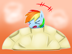 Size: 1000x750 | Tagged: source needed, safe, artist:hashioaryut, derpibooru import, rainbow dash, pegasus, pony, blushing, cute, dashabetes, dumplings, food, head, jiaozi, potsticker, solo