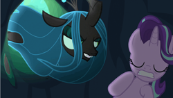 Size: 903x508 | Tagged: safe, screencap, queen chrysalis, starlight glimmer, changeling, changeling queen, pony, unicorn, to where and back again, eyes closed, female