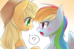 Size: 800x533 | Tagged: source needed, safe, artist:hashioaryut, derpibooru import, applejack, rainbow dash, earth pony, pegasus, pony, blushing, female, implied appledash, implied lesbian, implied shipping, mare, simple background