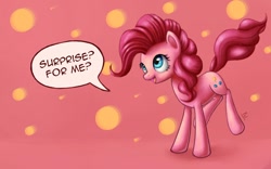 Size: 1114x694 | Tagged: dead source, safe, artist:polkin, pinkie pie, earth pony, pony, abstract background, dialogue, female, mare, solo