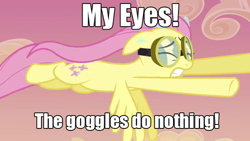 Size: 500x281 | Tagged: safe, fluttershy, pegasus, pony, goggles, image macro, my eyes the goggles do nothing, the simpsons