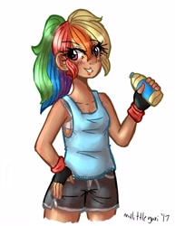 Size: 2975x3850 | Tagged: safe, artist:mylittleyuri, derpibooru import, rainbow dash, human, athlete, blushing, bra, clothes, digital art, female, hand on hip, humanized, implied exercise, looking at you, multicolored hair, ponytail, shorts, solo, sports bra, sports shorts, tanktop, underwear, water bottle, wristband