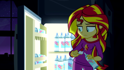 Size: 1280x720 | Tagged: safe, screencap, sunset shimmer, equestria girls, rainbow rocks, clothes, off shoulder, pajamas, refrigerator, solo, whipped cream