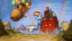 Size: 1920x1080 | Tagged: safe, artist:assasinmonkey, derpibooru import, cheese sandwich, pinkie pie, rainbow dash, earth pony, pegasus, pony, pinkie pride, balloon, balloon rainbow dash, cheese supreme cannonball surprise, cheese wheel, parade balloon, partillery, party cannon, party panzer, party tank, scene interpretation