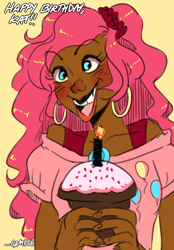 Size: 800x1150 | Tagged: safe, artist:camicuti97, pinkie pie, birthday, cupcake, dark skin, humanized