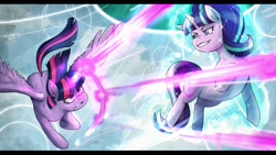 Size: 1024x576 | Tagged: safe, artist:ereb-tauramandil, starlight glimmer, twilight sparkle, twilight sparkle (alicorn), alicorn, pony, the cutie re-mark, female, fight, levitation, magic, magic blast, mare, self-levitation, telekinesis