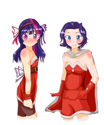 Size: 900x1088 | Tagged: safe, artist:applestems, derpibooru import, rarity, twilight sparkle, alternate hairstyle, blushing, cape, christmas, clothes, gloves, hearth's warming, humanized, ribbon, santa costume, short hair