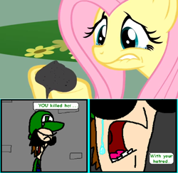 Size: 1108x1078 | Tagged: safe, artist:mariobro64, fluttershy, pegasus, pony, crying, luigi, mario adventures, super mario bros.