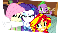 Size: 1280x720 | Tagged: safe, screencap, fluttershy, rarity, spike, sunset shimmer, dog, equestria girls, rainbow rocks, clothes, female, male, pajamas, photobomb, selfie, spike the dog