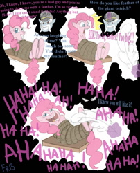 Size: 1014x1254 | Tagged: safe, artist:fr-13, pinkie pie, earth pony, pony, bondage, feather, feathered wonder hoofs, hooves, rope, tickle torture, tickling