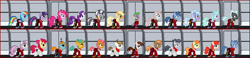 Size: 1200x276 | Tagged: safe, artist:shegomaniac, derpibooru import, apple bloom, applejack, archer (character), babs seed, blues, button mash, cloudchaser, featherweight, flitter, fluttershy, noteworthy, nurse redheart, pinkie pie, pipsqueak, rainbow dash, rarity, rumble, scootablue, snails, snips, spike, sweetie belle, tag-a-long, thunderlane, twilight sparkle, twist, zecora, dragon, earth pony, pegasus, pony, unicorn, zebra, clothes, desktop ponies, hallway, mane six, pixel art, red shirt, spaceship, star trek, uniform, uss enterprise