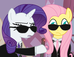 Size: 505x390 | Tagged: safe, artist:sefling, fluttershy, rarity, pegasus, pony, unicorn, clothes, men in black, parody, sunglasses