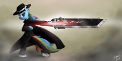 Size: 3036x1536 | Tagged: safe, artist:jasper77wang, derpibooru import, rainbow dash, pegasus, pony, hat, solo, standing, sword, weapon