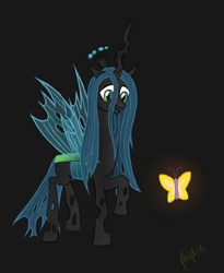 Size: 2389x2919 | Tagged: safe, artist:phosphide, queen chrysalis, butterfly, changeling, changeling queen, cute, cutealis, raised hoof, smiling, solo