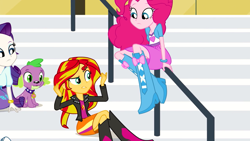 Size: 1280x720 | Tagged: safe, screencap, pinkie pie, rarity, spike, sunset shimmer, dog, equestria girls, rainbow rocks, balloon, boots, bracelet, clothes, high heel boots, jewelry, out of context, skirt, spike the dog