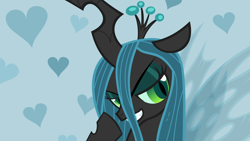 Size: 1920x1080 | Tagged: safe, artist:adcoon, queen chrysalis, changeling, changeling queen, heart, lidded eyes, solo, vector, wallpaper