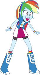 Size: 3000x5530 | Tagged: safe, artist:uponia, derpibooru import, rainbow dash, equestria girls, movie magic, spoiler:eqg specials, .svg available, absurd resolution, boots, clothes, compression shorts, cute, excited, female, open mouth, shoes, simple background, skirt, smiling, socks, solo, striped socks, transparent background, vector, wristband