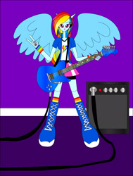 Size: 1868x2466 | Tagged: safe, artist:dykroon-chan, derpibooru import, rainbow dash, equestria girls, rainbow rocks, amplifier, electric guitar, guitar, ponied up, solo