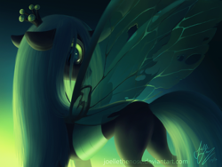 Size: 1920x1440 | Tagged: safe, artist:joellethenose, queen chrysalis, changeling, changeling queen, bugbutt, butt, crown, female, floppy ears, jewelry, looking at you, looking back, looking back at you, looking over shoulder, plot, pretty, regalia, signature, solo, spread wings, standing