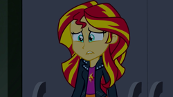 Size: 1280x720 | Tagged: safe, screencap, sunset shimmer, equestria girls, rainbow rocks, lip bite, solo, sweat