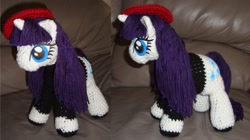 Size: 1091x612 | Tagged: safe, artist:onehitwonder, rarity, pony, amigurumi, beatnik rarity, beret, clothes, crochet, hat, irl, photo, plushie, solo