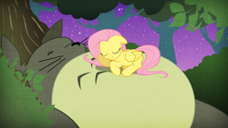 Size: 1920x1080 | Tagged: safe, artist:samuellassassin, fluttershy, pegasus, pony, anime, crossover, duo, my neighbor totoro, sleeping, studio ghibli, totoro