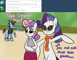 Size: 1276x992 | Tagged: safe, rarity, sweetie belle, oc, pony, unicorn, ask, gangnam style