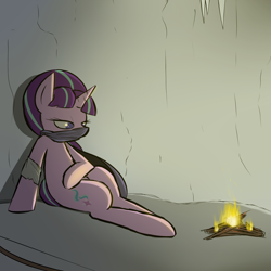 Size: 2000x2000 | Tagged: source needed, safe, artist:pandramodo, starlight glimmer, pony, unicorn, campfire, cave, clothes, scarf, solo