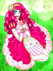 Size: 1200x1600 | Tagged: safe, artist:lexy-06, pinkie pie, clothes, dress, grass, humanized, sitting, solo