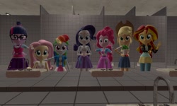 Size: 1280x768 | Tagged: safe, artist:n3onh100, derpibooru import, applejack, fluttershy, pinkie pie, rainbow dash, rarity, sci-twi, sunset shimmer, twilight sparkle, equestria girls, 3d, bathroom, gmod, mirror, selfie