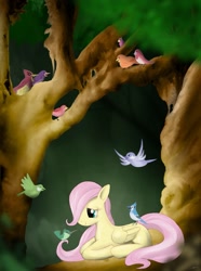 Size: 1113x1500 | Tagged: safe, artist:mirapony, fluttershy, bird, pegasus, pony, filly, solo, tree, younger