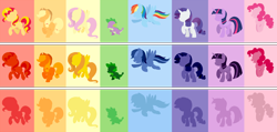 Size: 2500x1190 | Tagged: safe, artist:tambelon, applejack, fluttershy, pinkie pie, rainbow dash, rarity, spike, sunset shimmer, twilight sparkle, twilight sparkle (alicorn), alicorn, dragon, earth pony, pegasus, pony, unicorn, female, flying, male, mane seven, mane six, mare, open mouth, pronking, raised hoof, silhouette, smiling, spread wings, walking