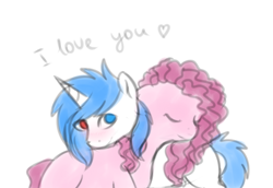 Size: 822x566 | Tagged: safe, artist:ghst-qn, artist:schasti, pinkie pie, oc, earth pony, pony, unicorn, blushing, canon x oc, dialogue, eyes closed, female, heart, heterochromia, male, shipping, smiling, straight