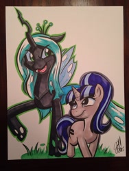 Size: 1024x1365 | Tagged: safe, artist:joshuadraws, queen chrysalis, starlight glimmer, changeling, changeling queen, pony, unicorn, friendship, traditional art